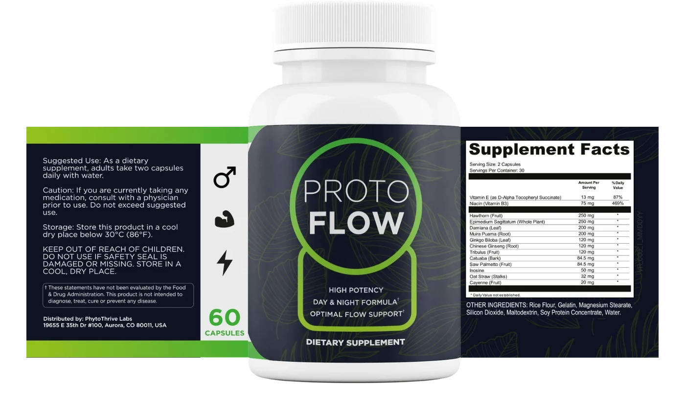 ProtoFlow Supplement Facts label with suggested use and cautions